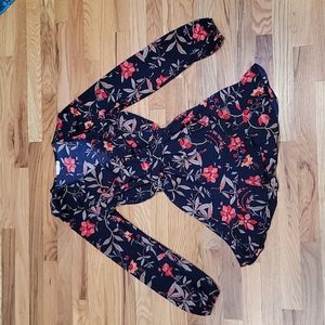 A'gaci Women's Navy Blue Floral Print V Neck Long Sleeve Wrap Mini Belted Dress.